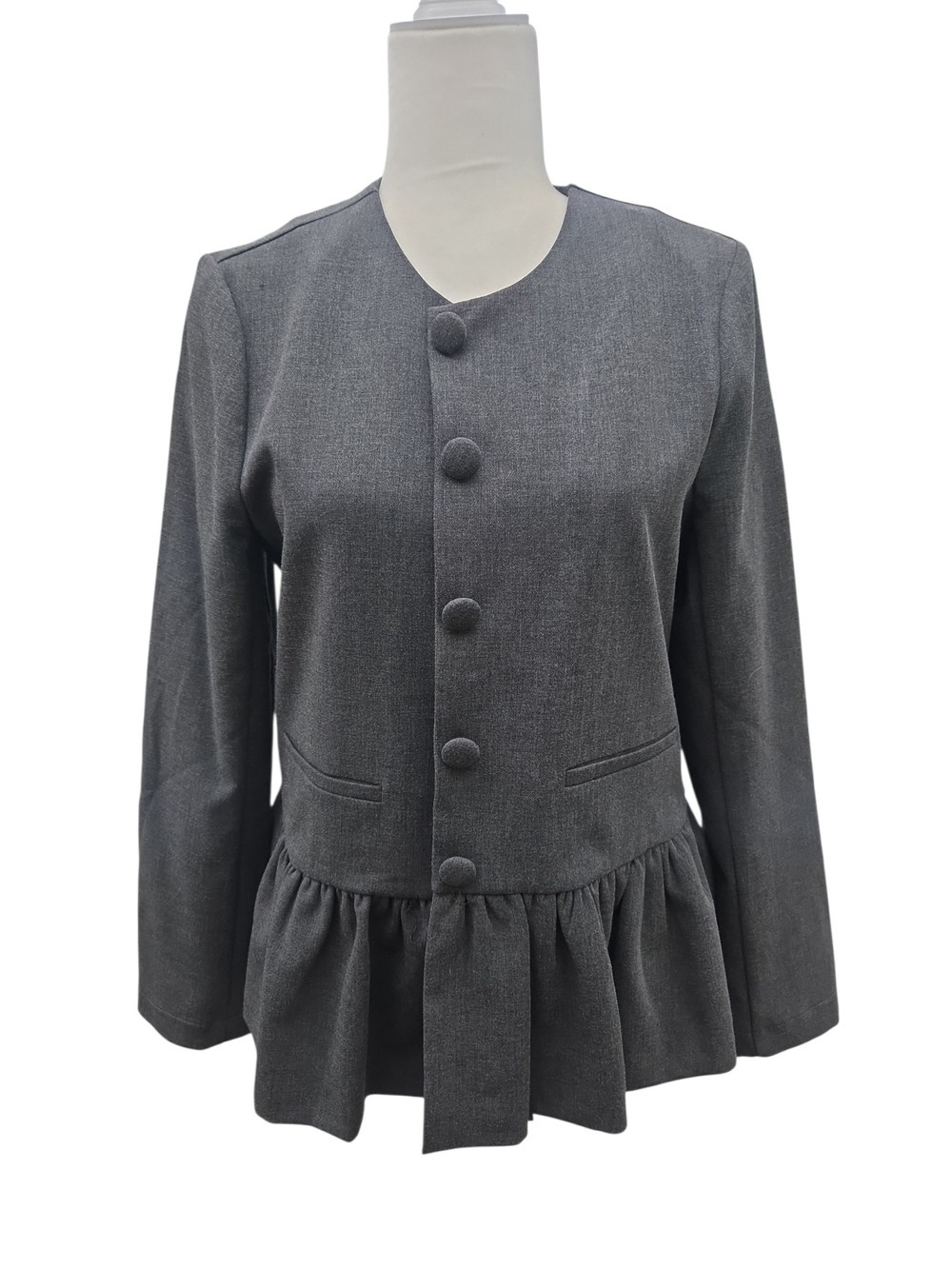 NwT Wayf Tailored Gray Peplum Blazer Jacket Flattering M Lined Ruffle Pleated